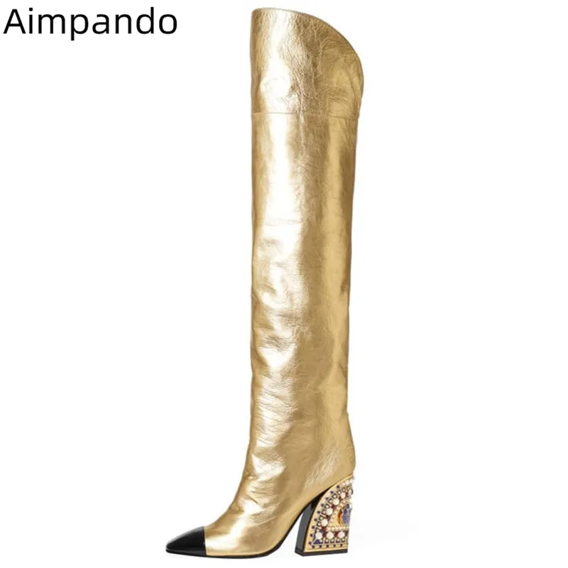 

Runway Long Boots Women Slim Slip On Black Pointy Toe Fashion Walking Shoes Chunky Square Heel Decor Crystal Luxury Boots Woman
