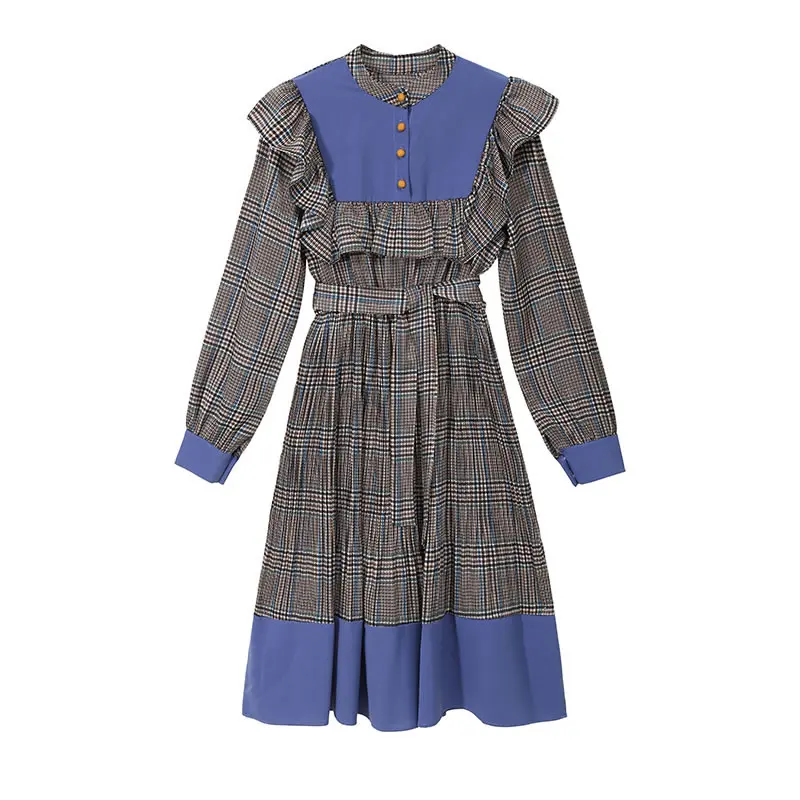 XITAO Ruffle Plaid Pleated Dress Women Fashion New Winter Bandage Patchwork Pullover Small Fresh Minority Dress XJ2820
