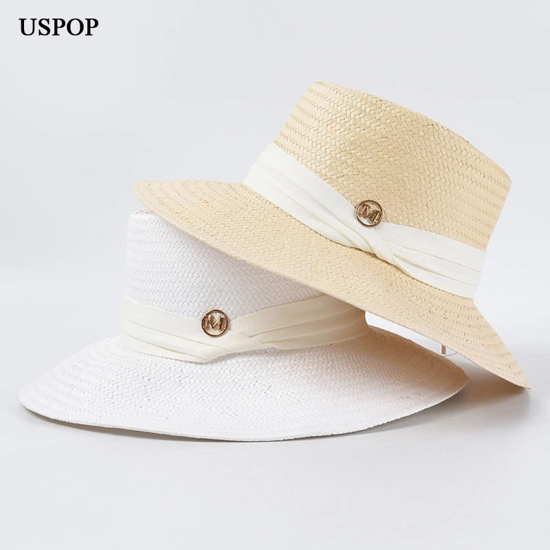

USPOP 2020 Straw sun hats wide brim beach hat summer hats letter M ribbon sun hats