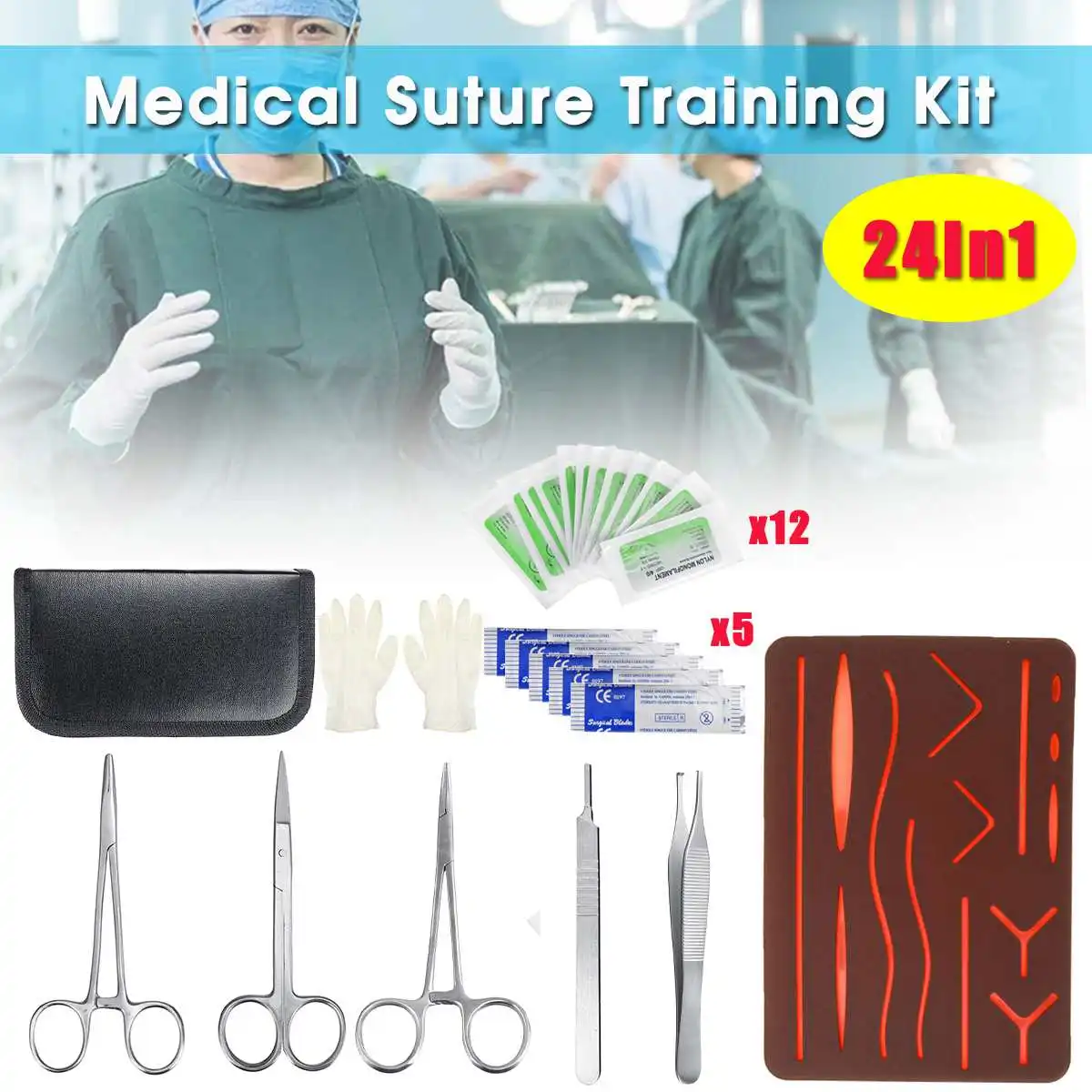 

25pcs Medical Skin Suture Surgical Training Kit Suture Pad Model Needle Scissors Tweezers Surgical Practice Trainning Tool