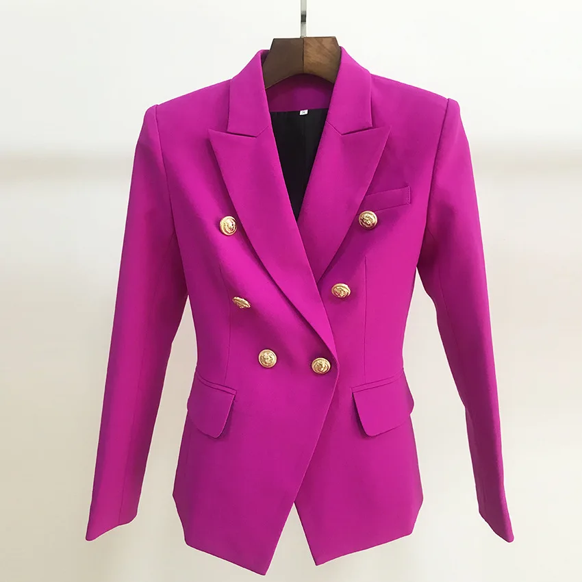 Дизайн фуксия фиолетовый блейзер высокое качество костюмы классический двубортный золотые пуговицы Тонкий офисный Женский блейзер пиджак