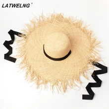 Женские шляпы из рафии с длинной лентой, модные пляжные шляпы больших размеров, летние шляпы от солнца