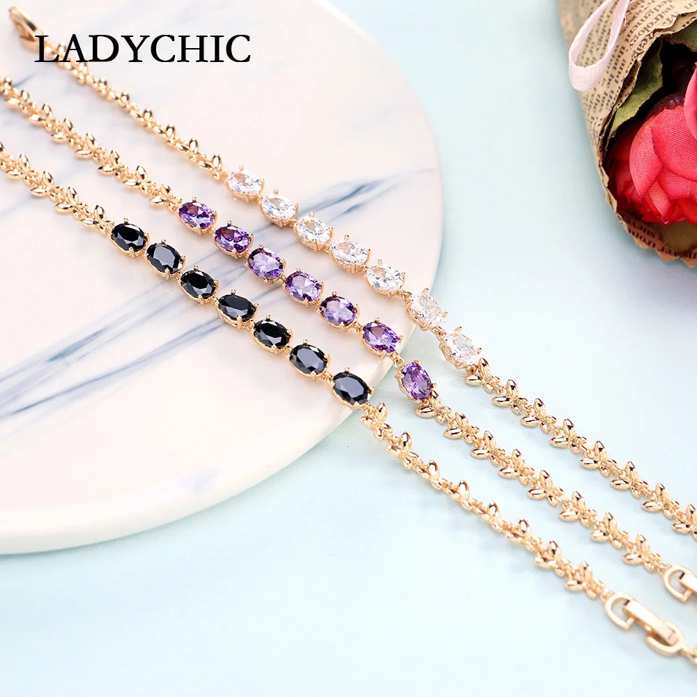 LADYCHIC Роскошные 7 шт. овал, куб, цирконий золотые браслеты Высокое качество Черный Фиолетовый Кристалл для женщин Свадебные украшения LB1024