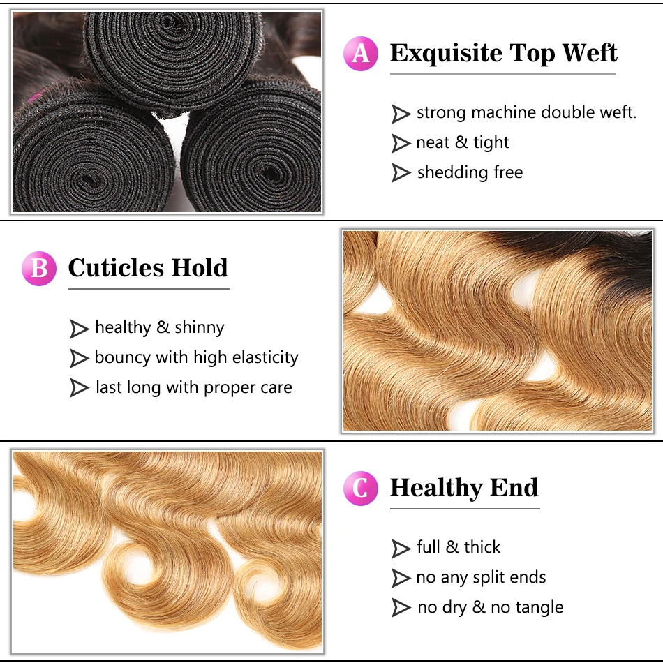 Racily Hair T1B/27 Ombre Brazilian Body Wave Hair Honey Blonde Ombre Human Hair Extensions 1/3/4 Bundles Remy Hair Weave Bundles