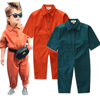 

Kids Clothes 2020 Fall Girls Pants Girls Solid Color Jumpsuit Middle and Small Children Short Sleeves Shirt with Long Trousers