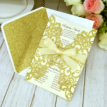 

50pc Gold Glitter Laser Cut Wedding Invitations with Champagne Ribbon and Glittery Envelope Customize Printing Invites for Party
