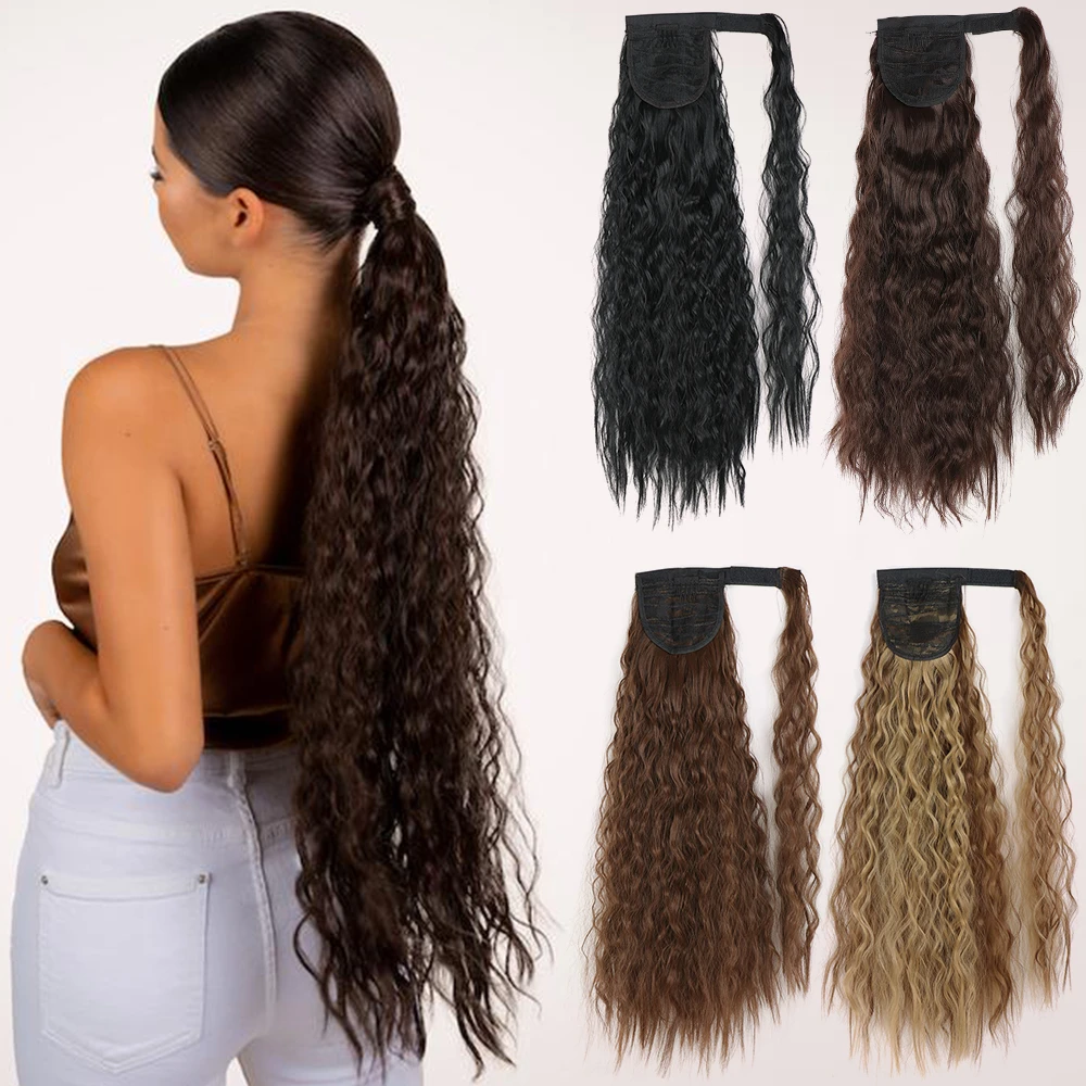 Synthetic Long Corn Wavy Ponytail Hairpiece Wrap On Hair Clip Ombre
