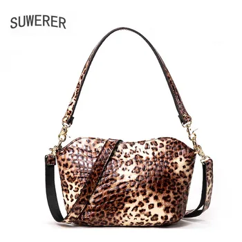 

SUWERER 2020 New Fashion Leopard bag women Leather bag real cowhide Luxury handbags famous brand leather shoulder bag brown tote