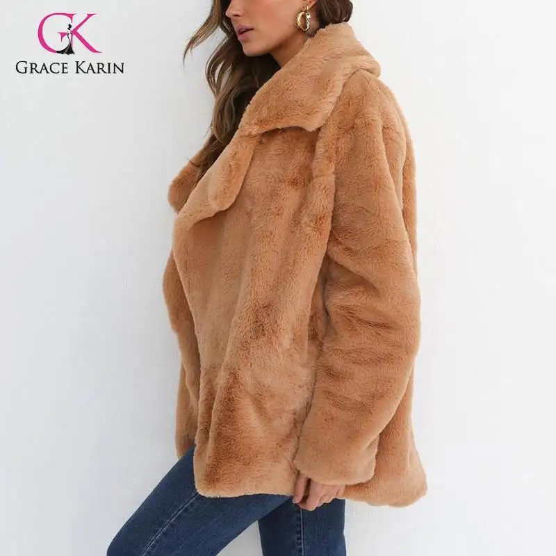 Grace Karin пальто из искусственного меха для женщин осень зима теплая плюшевая Куртка Верхняя одежда Mujer с длинным рукавом фланелевые пальто и куртки с отворотом