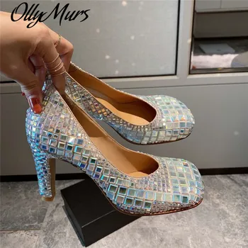 

BlingBling Glitter Leather Shoes Woman Square Toe Thin Heel Pumps Women Slip On Brand Designer Runway Shoes Women New 2020 Brand