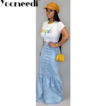 Yooneedi Осенняя дизайнерская Высокая уличная женская джинсовая юбка, цветная однотонная женская юбка макси на пуговицах BN9212