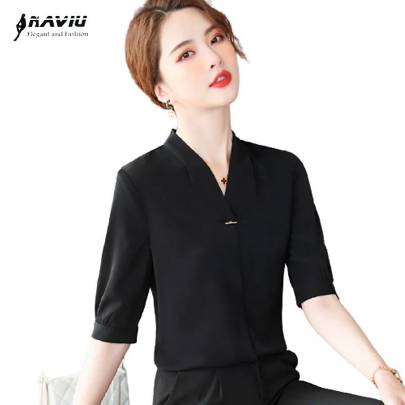 Black Chiffon Shirt Women New 2022 Summer Thin Fashion V Neck Design Casual Formal  Blouses Office Ladies Work Tops White - AliExpress