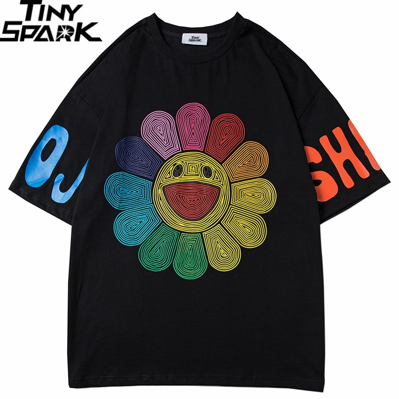 Мужская футболка в стиле хип-хоп с принтом подсолнуха и радуги уличная Футболка