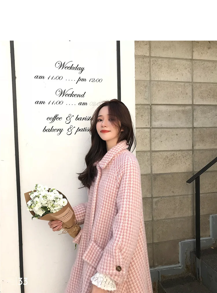 HANZANGL Korean Version Wool Coat winter jacket women long-sleeved Woolen Cashmere Coats Long Outwear beige/pink