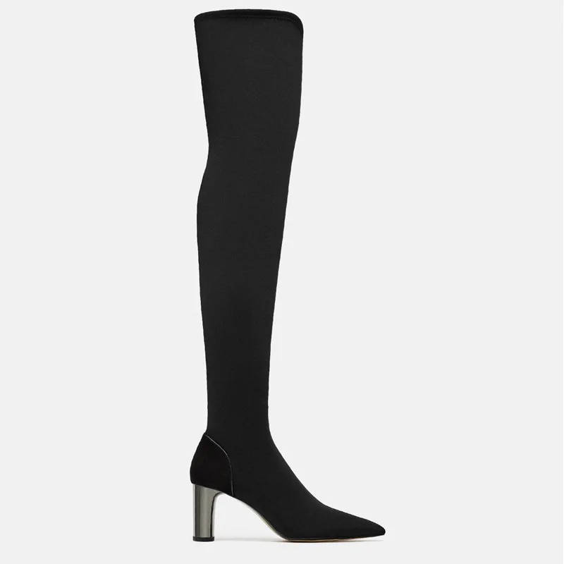 Г. Облегающие эластичные ботфорты пикантные женские зимние сапоги с острым носком на высоком каблуке ботфорты с боковой молнией зимняя обувь