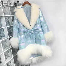 Abrigo Mujer, большой пуховик с натуральным овечьим меховым воротником, зимняя куртка, Женская Глянцевая кожаная Роскошная Шуба, длинное пуховое пальто