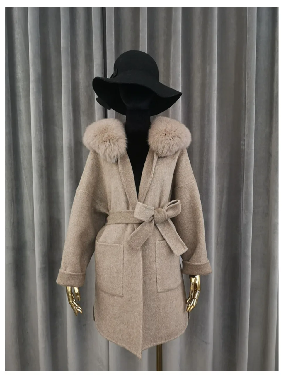 Высококачественная теплая Роскошная верхняя одежда, элегантное женское пальто, Воротник из натурального Лисьего меха, уличная одежда, Кашемировое шерстяное пальто с поясом