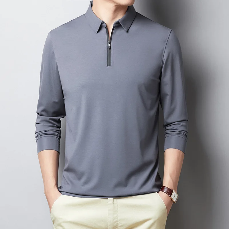 

BROWON Autumn Long Sleeve T-Shirt Men Business Fashion Turn-Down Collar Tshirt Male Solid Color Zipper Decoration Men Clothing