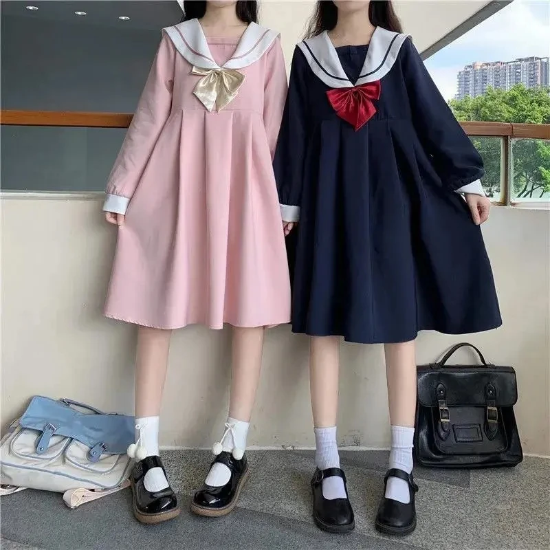 Harajuku Sailor Collar Navy Dress Japanese Lolita Sweet Bow-knot Girl Retro Cotton Kawaii Preppy Style Short Sleeve Dress Women