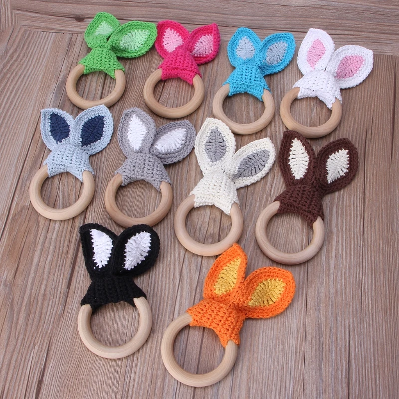 Baby Girl Boy Teething Ring Chewable Teether Wooden Natural Bunny Rattle Toy
