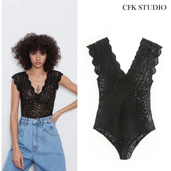 

High Street Fashion T-shirt Top With V-neck Lace Print Sleeveless Shirt Femme Summer Black Sexy Bodysuit Top