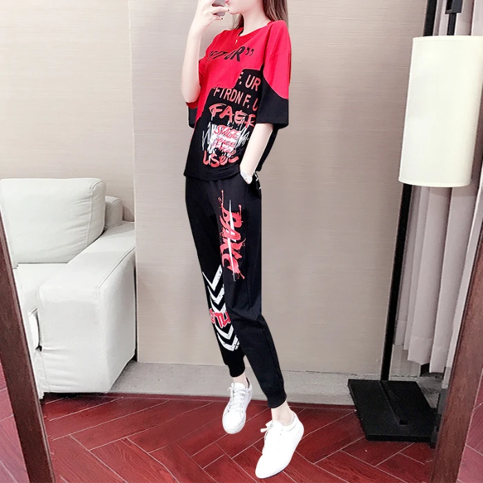 

Hip-hop tide brand fashion sports casual suit female 2020 new summer loose tide short sleeve two-piece suit