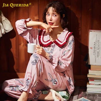 

Set Spring Autumn Pijama Set Cotton Long Sleeve Long Pants Turn Down Collar Cartoon Printing Fashion Style Casual Style Pajamas