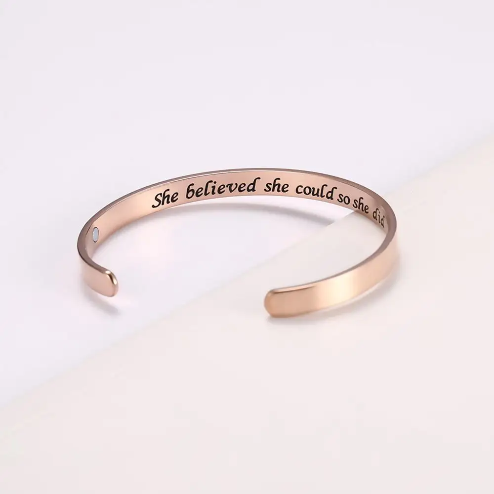 Myshape 316L Stainless Steel Engraved She Believed She Could So She Did 3 Magnets Healthy Magnetic Women Cuff Bangle Jewelry - Окраска металла: Rose Gold Color 1