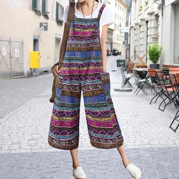 

Women Bohemian Jumpsuit Summer Plus Size Print Sleeveless Playsuit Woman Rompers Vintage Pockets Female Overalls Bodysuit