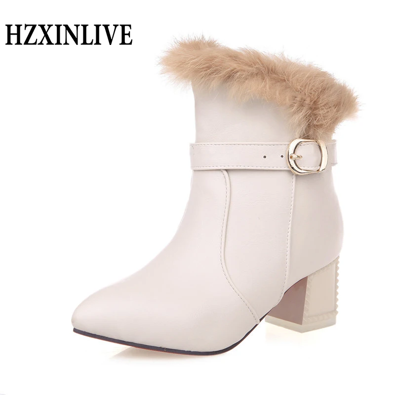 

HZXINLIVE Solid Leather Boots Woman Fur Boots Winter Short Ankle Booties Pointed Toe Thick High Heels Chelsea Botas Snow Shoes