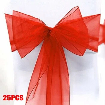 

25Pcs Bow-knot Organza Sashes Chair Cover Sash Wider Fuller Bows Wedding Party Banquet Rosette Restaurant