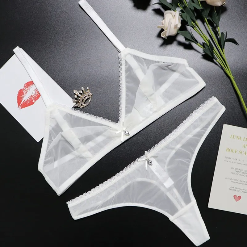 Varsbaby sexy hollow yarn lingerie set deep V see-through bow transparent bra and thongs set