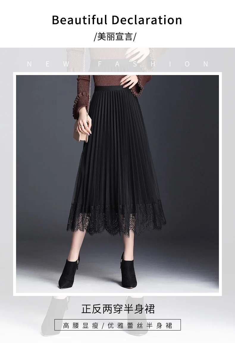 Winter new style double-sided wearing mesh pleated skirt skirt female Korean version of the long A-line skirt