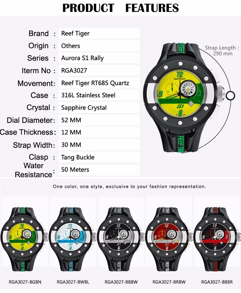 Reef Tiger/RT мужские спортивные часы с хронографом, циферблат на приборной панели, кварцевые часы с датой, секундомер, часы зеленого и желтого цвета RGA3027