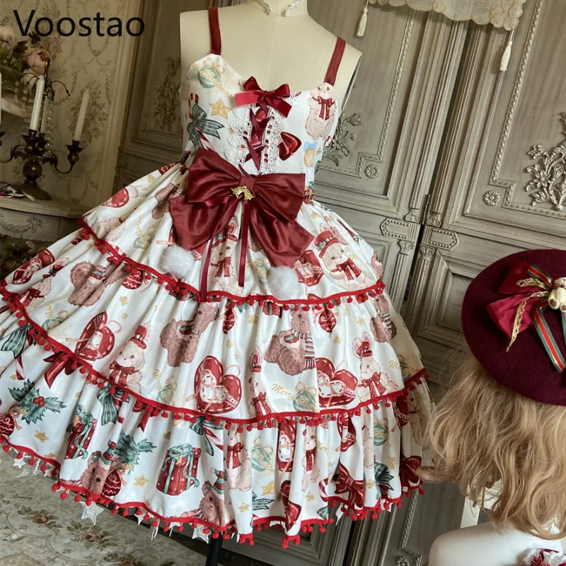 Autumn Winter Sweet Lolita Jsk Dress New Year Christmas Cute Bear Print Party Dresses Girls Kawaii Bowknot Lace Princess Dress