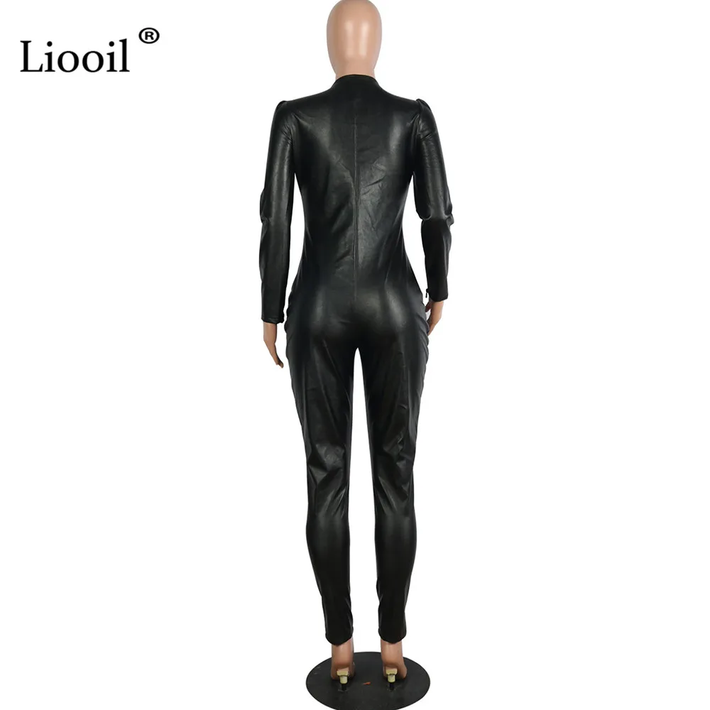 Liooil Faux Leather Sexy Bandage Jumpsuits For Women Long Sleeve V Neck Party Club Rompers Bodycon Jumpsuit Black Overalls