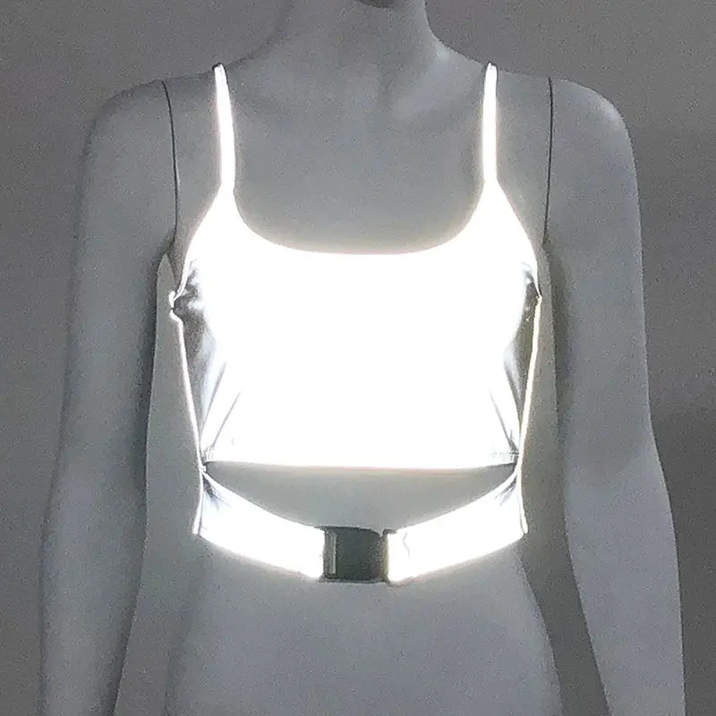 Модные Светоотражающие Camis для женщин квадратный воротник спагетти ремень полый Пряжка открытая спина Горячая камзол уличная Леди Шик камзол