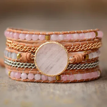 Lovely 5 Rows Leather Wrap Bracelet Spirit Rose Quartz Natural Stone Weaving Statement Bracelet Bohemian Jewelry Bijoux
