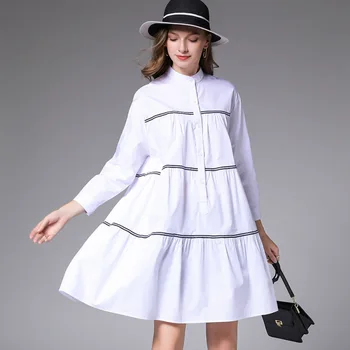 

European Style Plus Size Loose Dress 2020 Spring Fashion Stand Collar Single Breasted Stitching Contrast Pleated Hem Shirt Dress