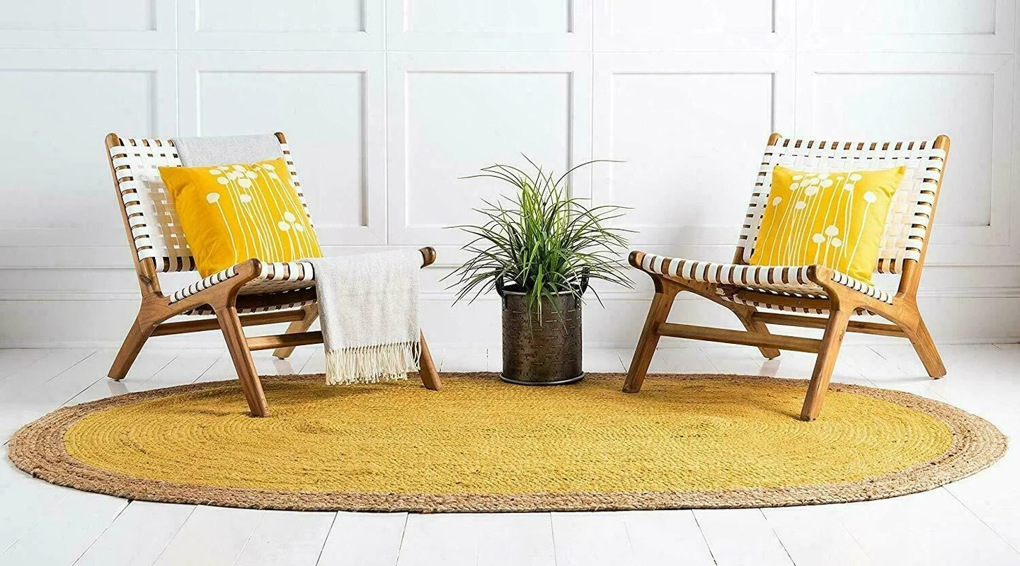 Tapis de sol 100% naturel tressé ovale en Jute, réversible, fait à la main, jaune, pour salon moderne, 2x3 pieds