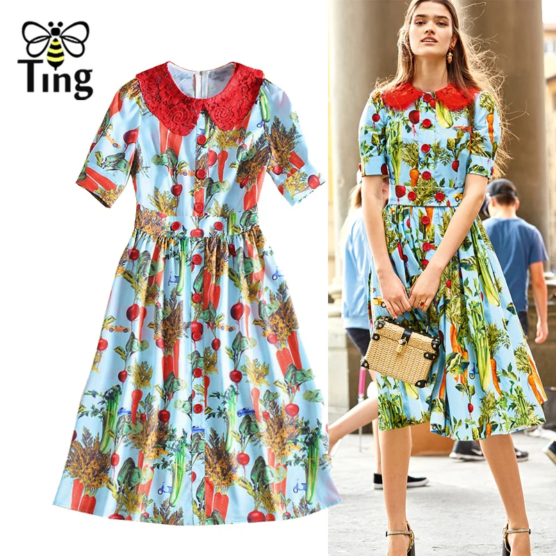 Tingfly Designer Lace Turn Down Collar Floral Dress Women Lady Vintage Elegant Work Dress with Button Casual Summer Vestidos Chi