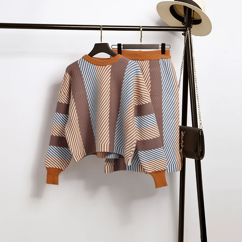 

2020 New Irregular Striped Knitted Sweater Pullovers and Bodycon Pencil Skirts 2 Pieces Sets Women Warm Suit