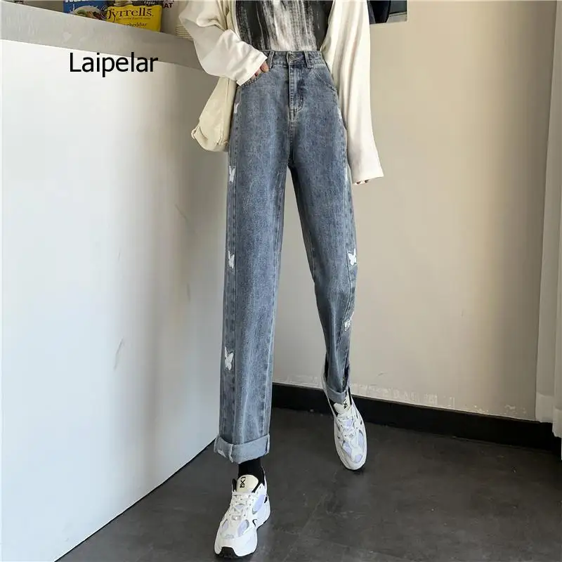 Spring and Autumn 2021 New Korean Style Butterfly Embroidery Loose Versatile High Waist Straight Jeans