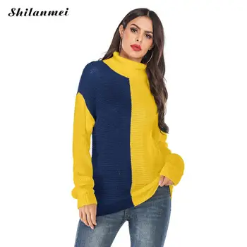 

Yellow Blue Pull Patchwork Pullover Long Sleeve Women Sweater Autumn Winter Turtleneck Fashion Streetwear Color Block Femme Tops