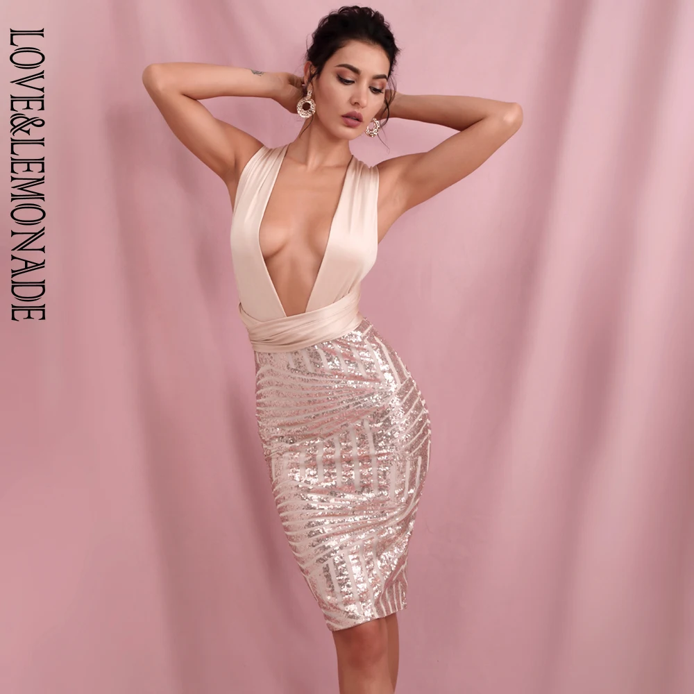 Женское облегающее мини-платье LOVE &amp LEMONADE розовое золото с глубоким v-образным