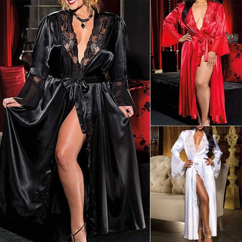 2018 New Womens  Long Kimono Dress Lace Bath Robe Lingerie Gown Ice Silk Nightdress Solid Color Nightgown Nightwear Plus Size