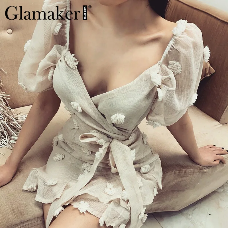 

Glamaker Puff sleeve backless short dress Women elegant v neck mesh midi summer dress Female ruffle bandage party club dress