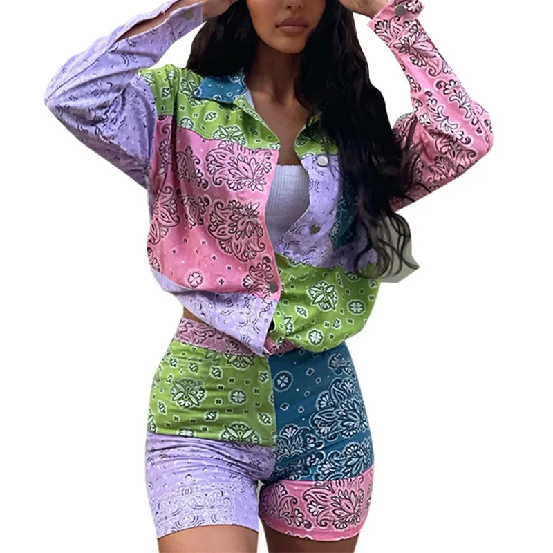 Women's Long Sleeve Print Shorts Tracksuit 2021 Autumn Single Breasted Turn-down Collar Sets Ladies Casual Fashion Street Set - Image 3