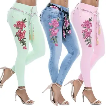 

Women's Jeans S-5XL Plus Size Sexy Women Floral Embroidery High Waist Skinny Jeans Denim Long Pants Denim/ Polyester/ Spandex