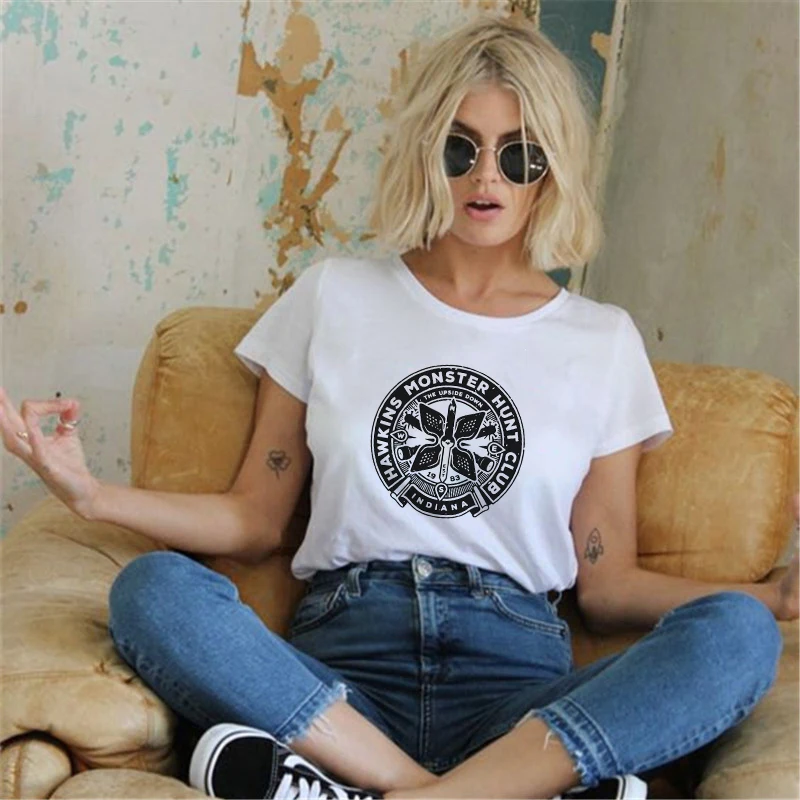

Showtly HAWKINS MONSTER HUNT CLUB INDIANA New Fashion Stranger Things Print Funny Fitness Women T-Shirt Harajuku Plus Size Tee